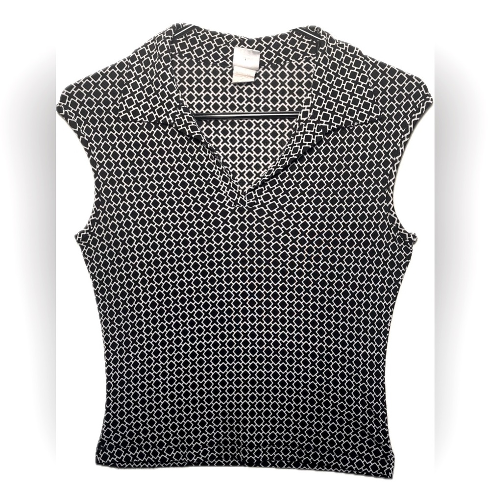 Vintage Black & White Geometric Pattern V-Neck Blouse